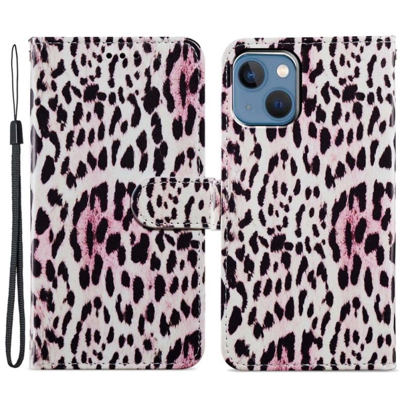 Læder Cover iPhone 15 Med Snor Leopardskinddesign Med Rem