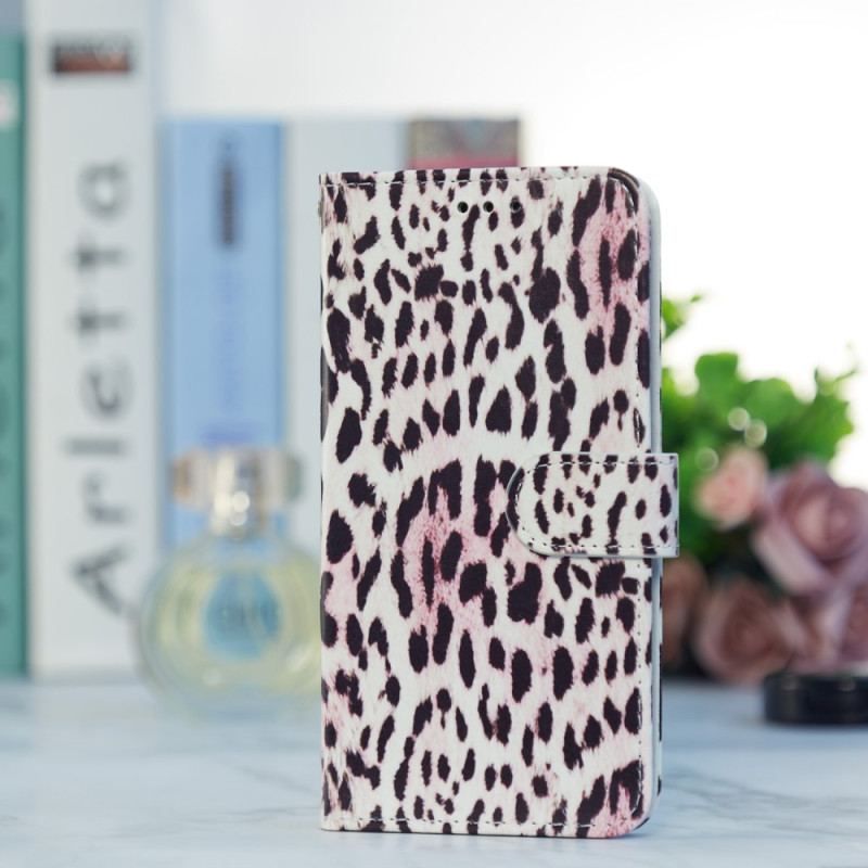 Læder Cover iPhone 15 Med Snor Leopardskinddesign Med Rem