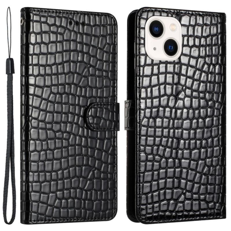 Læder Cover iPhone 15 Plus Krokodillestil Med Rem