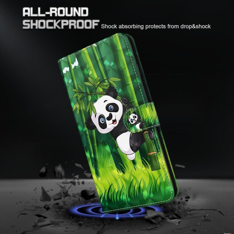 Læder Cover iPhone 15 Plus Med Snor 3d Bambus Panda Med Rem