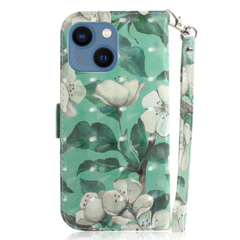 Læder Cover iPhone 15 Plus Med Snor Hvide Blomster Med Rem