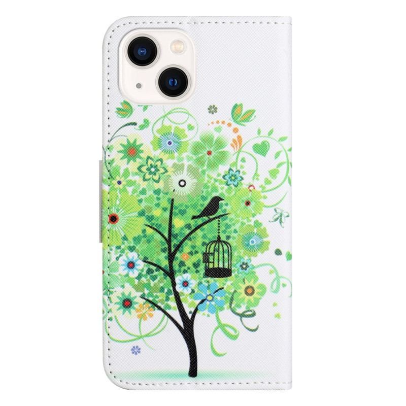 Læder Cover iPhone 15 Plus Træ Med Grønt Løv