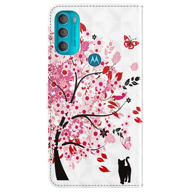 Læder Cover Moto G71 5G Pink Træ Og Sort Kat