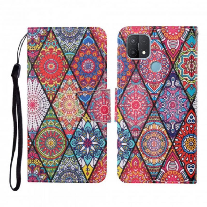 Læder Cover Oppo A15 Patchwork Med Lanyard