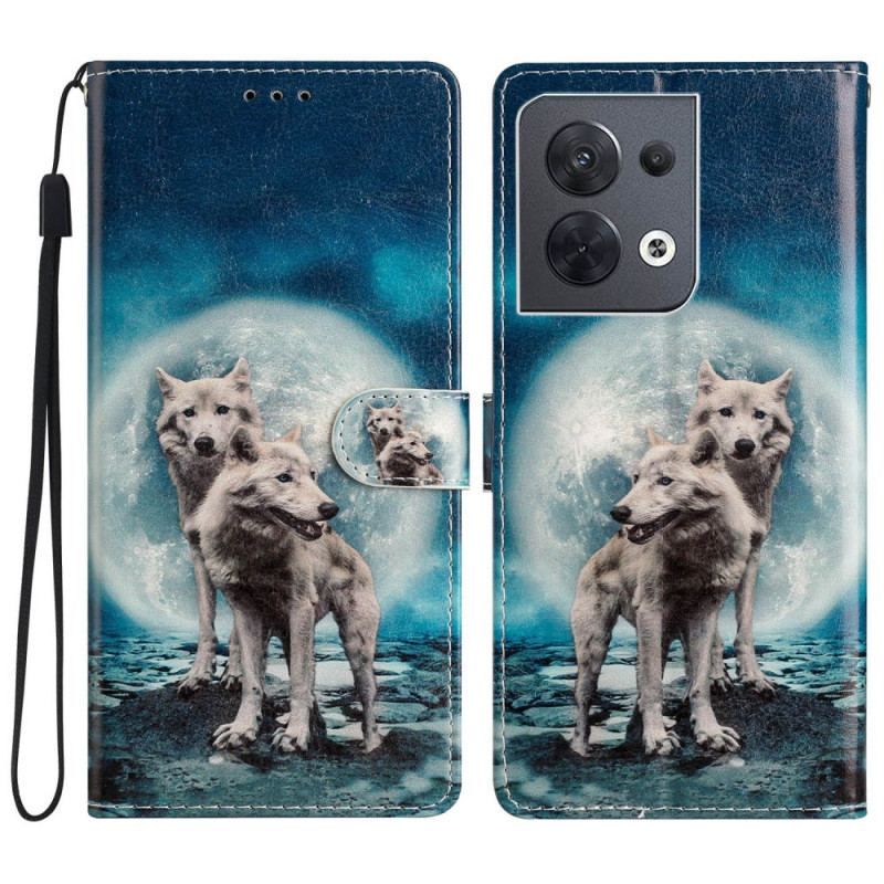 Læder Cover Oppo Reno 8 Med Snor Lanyard Wolf