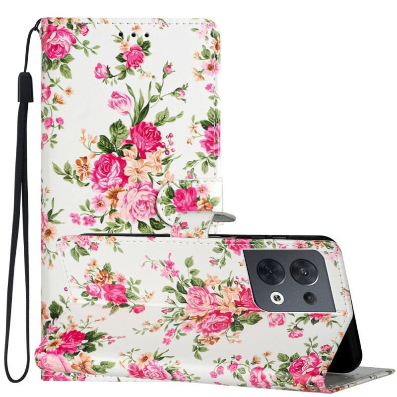 Læder Cover Oppo Reno 8 Med Snor Rem Liberty Flowers