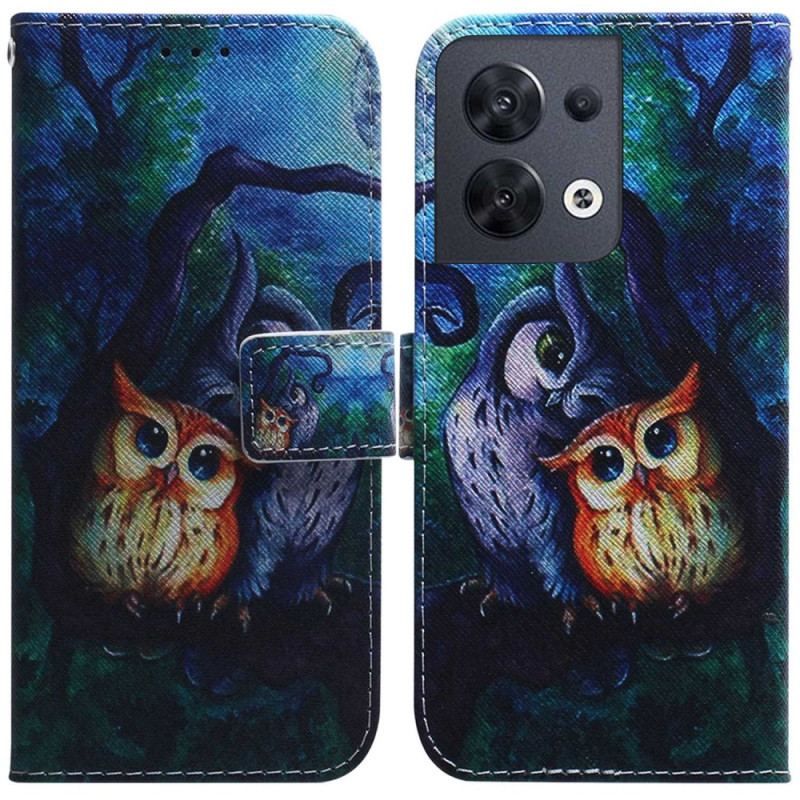 Læder Cover Oppo Reno 8 Med Snor Strappy Owls Maleri