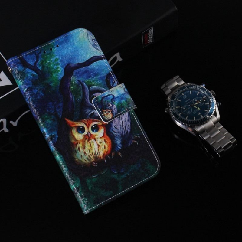 Læder Cover Oppo Reno 8 Med Snor Strappy Owls Maleri