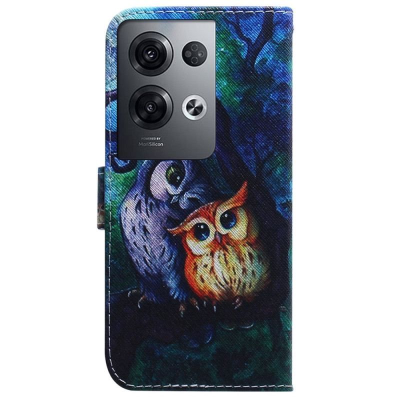 Læder Cover Oppo Reno 8 Pro Med Snor Strappy Owls Maleri