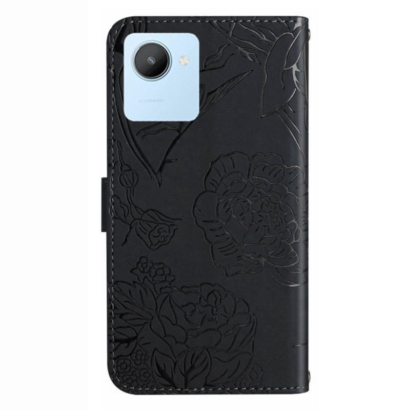 Læder Cover Realme C30 Med Snor Rem Blomster Paillon