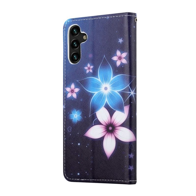 Læder Cover Samsung Galaxy A13 5G / A04s Med Snor Lunar Strap Blomster