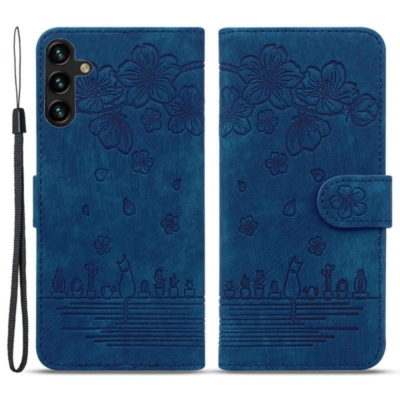 Læder Cover Samsung Galaxy A14 / A14 5G Med Snor Blomsterstreng Kat