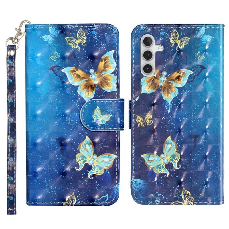 Læder Cover Samsung Galaxy A14 / A14 5G Med Snor Gyldne Sommerfugle Med Rem