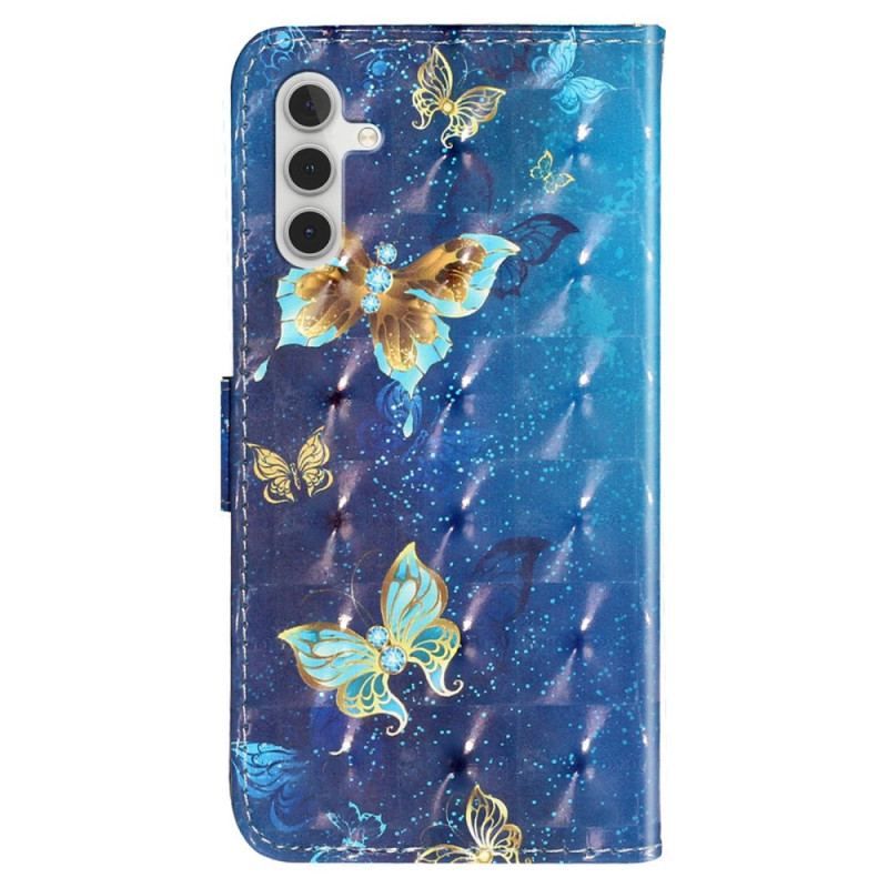 Læder Cover Samsung Galaxy A14 / A14 5G Med Snor Gyldne Sommerfugle Med Rem