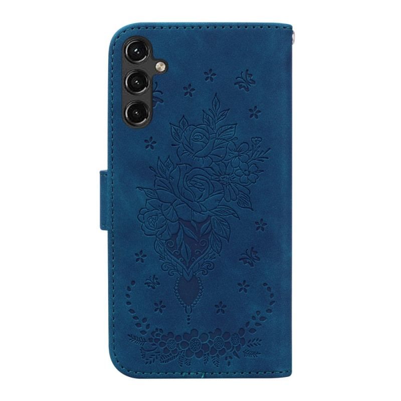 Læder Cover Samsung Galaxy A14 / A14 5G Med Snor Strappy Roser Og Sommerfugle