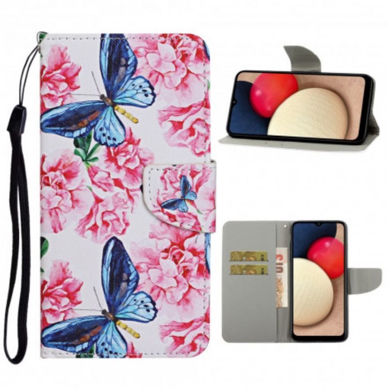 Læder Cover Samsung Galaxy A52 4G / A52 5G / A52s 5G Butterflies Floral Lanyard