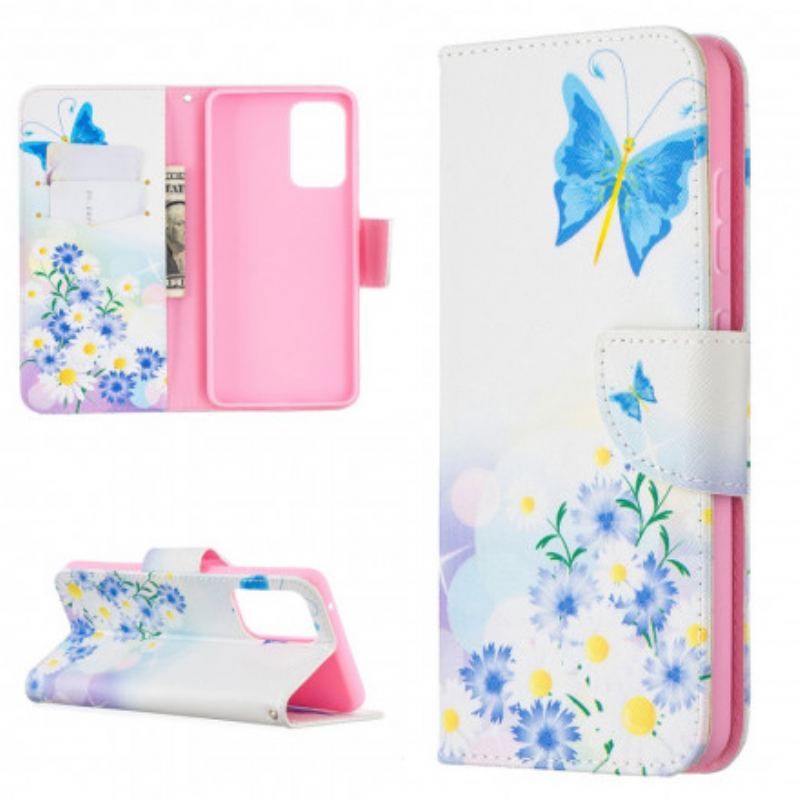 Læder Cover Samsung Galaxy A52 4G / A52 5G / A52s 5G Malede Sommerfugle Og Blomster