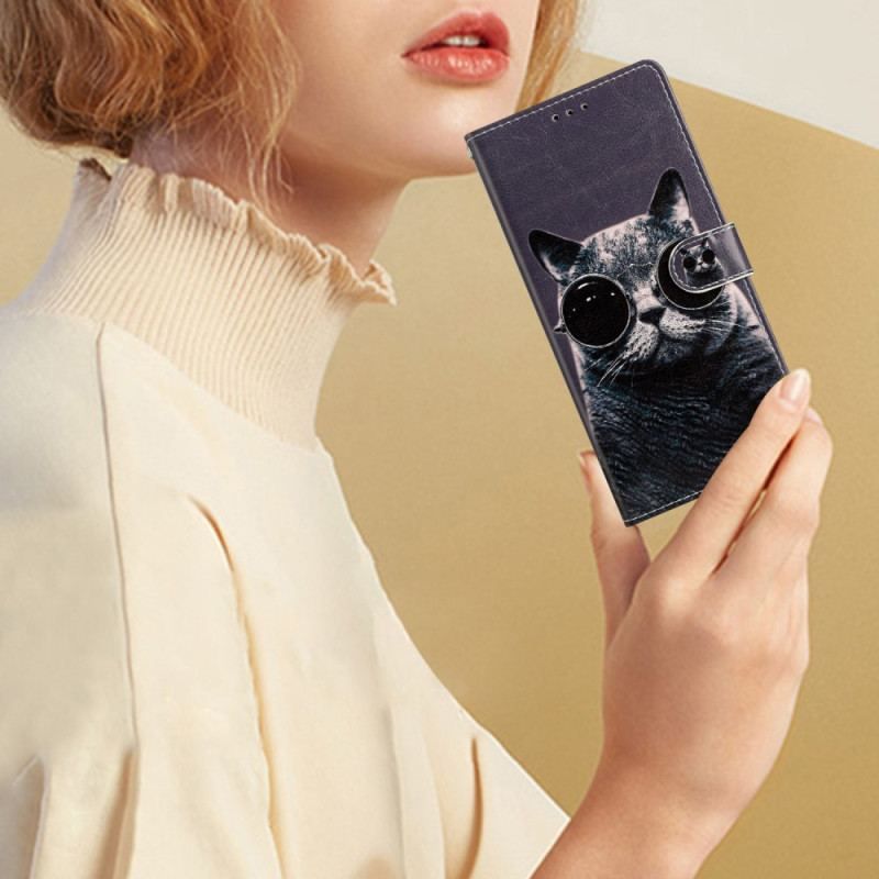 Læder Cover Samsung Galaxy A54 5G Med Snor Cat Strappy Briller