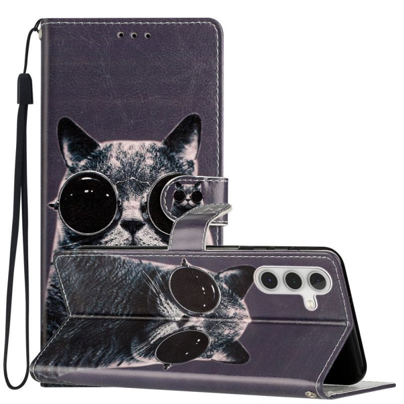 Læder Cover Samsung Galaxy A54 5G Med Snor Cat Strappy Briller