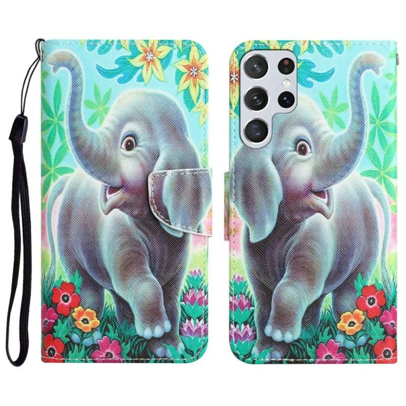 Læder Cover Samsung Galaxy S23 Ultra 5G Med Snor Thong Elefant