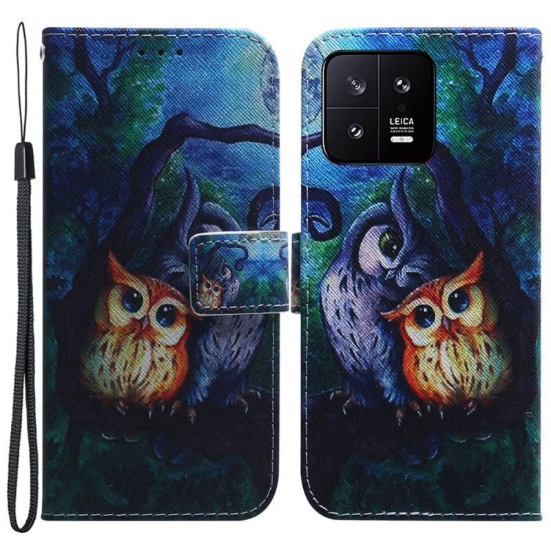 Læder Cover Xiaomi 13 Med Snor Strappy Owls Maleri