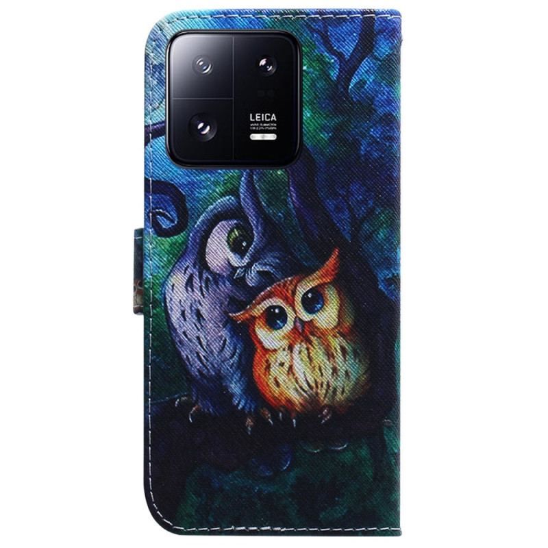 Læder Cover Xiaomi 13 Pro Med Snor Strappy Owls Maleri
